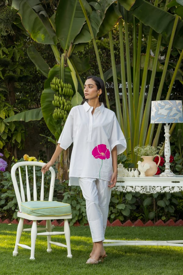 White Poplin Shirt and Pants Co-ord Set with Flower Applique — Eko Clothing