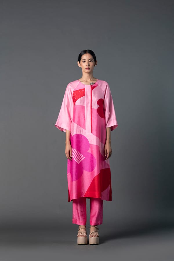 Pink Dupion Silk Abstract Printed Kurta Pant Co-ord Set — CLOS