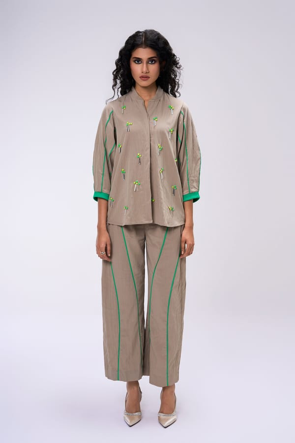 Taupe Shirt and Flared Pants Co-ord Set with Green Piping — KOR
