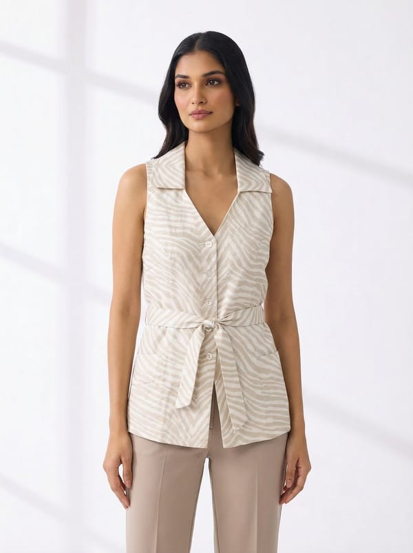 Off White Printed Linen Sleeveless Tie-Waist Longline Top — Missy Co.