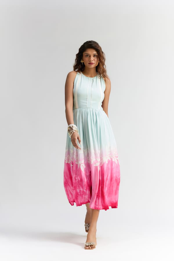 Mint Pink Pleated Silk Midi Embroidered Dress — Itara an another