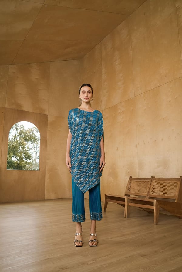 Teal Blue Metallic Pleated Asymmetrical Kurta Set — Pleats by Aruni