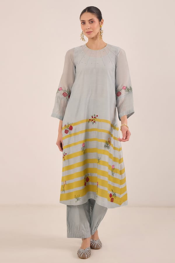 Powder Blue Chanderi Striped Embroidered Kurta Set — SHIVANI BHARGAVA