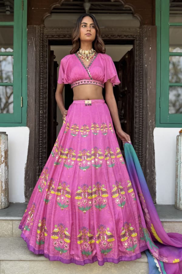 Fuschia Pink Printed Lehenga Set with Ombre Dupatta — Basil Leaf