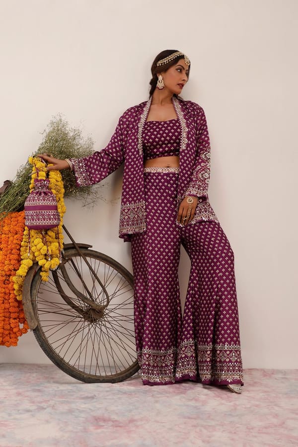 Purple Printed Mirror Work Blazer and Sharara Co-ord Set — Surkh Syahi