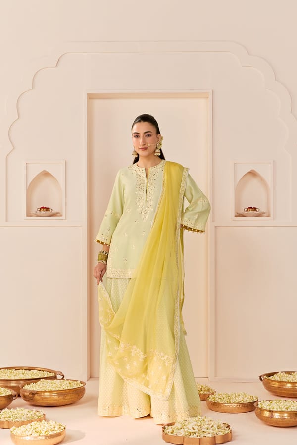 REHMA - SHORT KURTA WITH SHARARA AND DUPATTA — Sheetal Batra