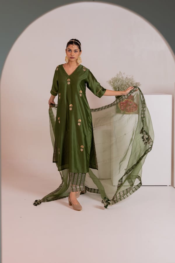 Olive Green Chanderi Embroidered Kurta Set with Dupatta — Silai studio