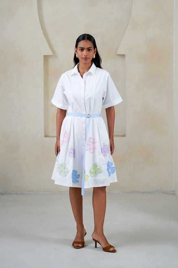 White Cotton Belted Shirt Dress with Pastel Embroidery — STITCH STORIES
