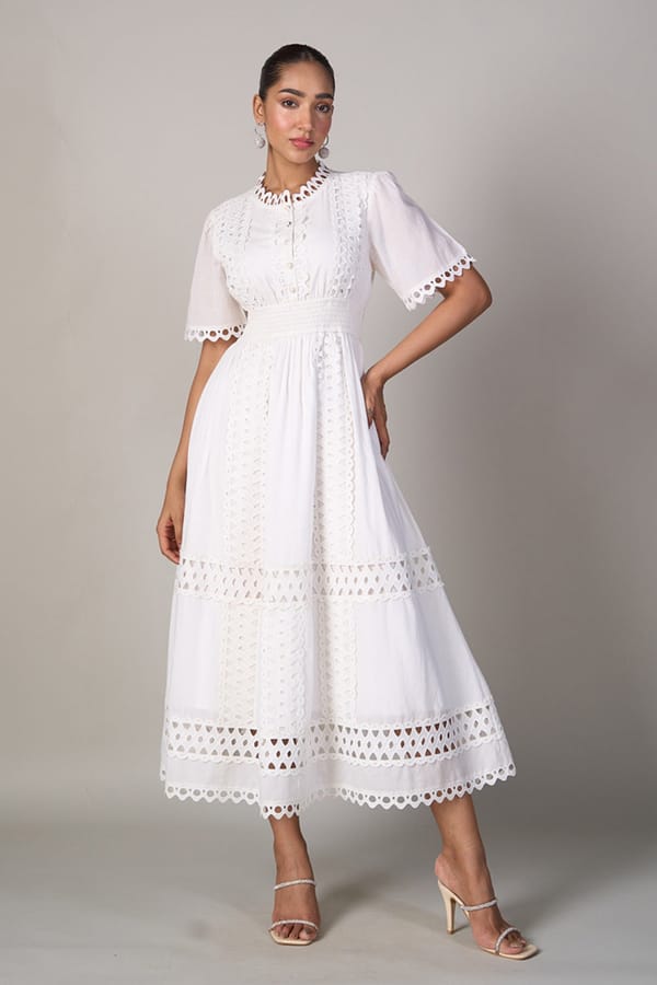 White Lace Cutwork Fit and Flare Maxi Dress — Style Island