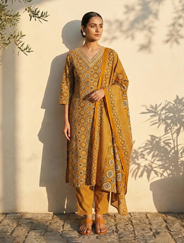 Print Embroidered V-Neck Kurta Pant Dupatta Set — Truebrowns