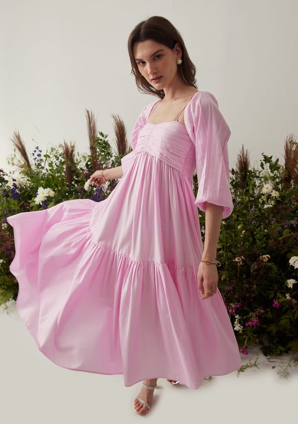 Pink Tiered Cotton Midi Dress with Detachable Sleeves — AMOSHI