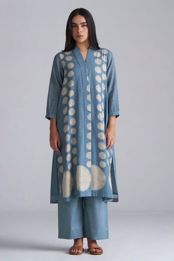 Faded Denim Polka Dot Cotton Linen Kurta Set with Pants — Ganga Fashions Pvt Ltd