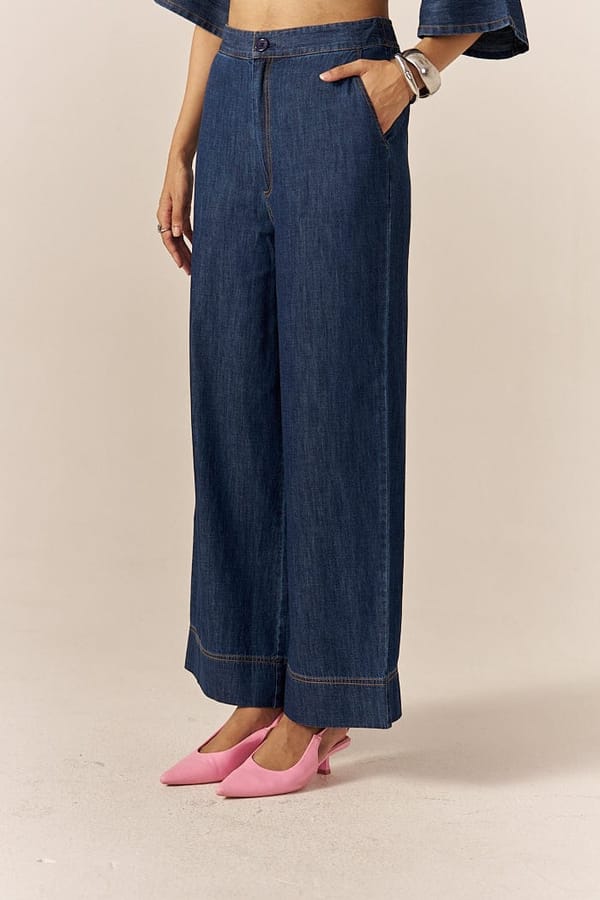 Indigo Cotton Slub Denim Relaxed Flared Pants — Spacelines