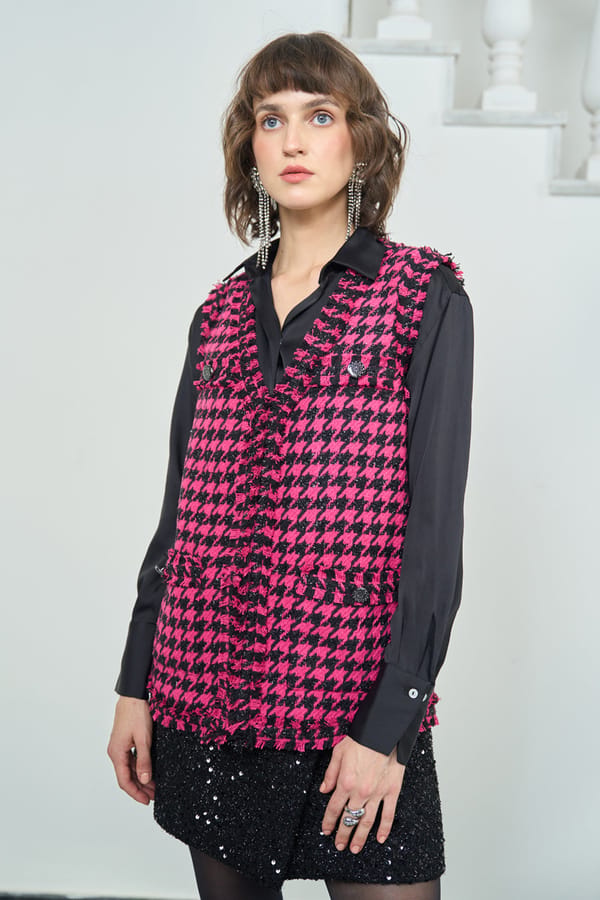 Hot Pink and Black Houndstooth Sleeveless Tweed Jacket — AVERIE