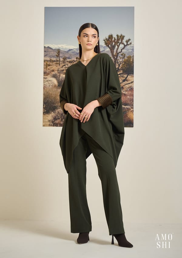 Olive Kaftan Top and Trouser Co-ord Set with Fur Cuffs — AMOSHI