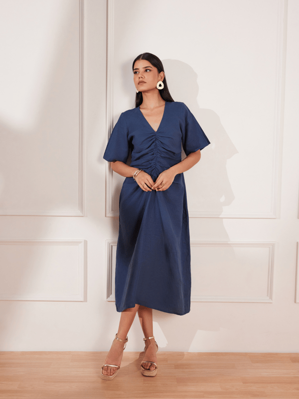 Moroccan Blue Hemp V-Neck Ruched Midi Dress — Tara & I