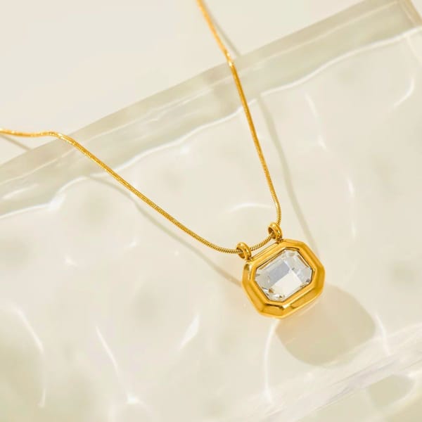 18K Gold Plated Square Crystal Pendant Chain Necklace, Monaco — Inaya Accessories