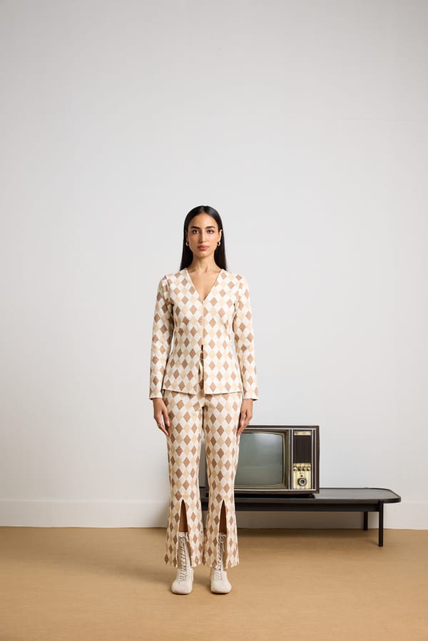Beige Checked Zip-Up Co-ord Set with Straight Slit Pants — Muvazo