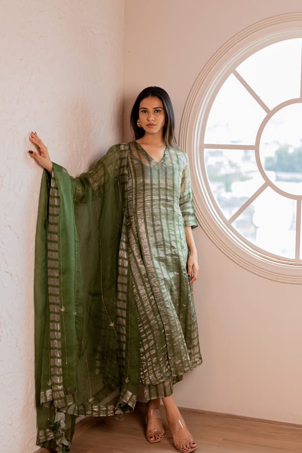 Olive Green Metallic Striped Chanderi Kurta Set with Dupatta — Silai studio