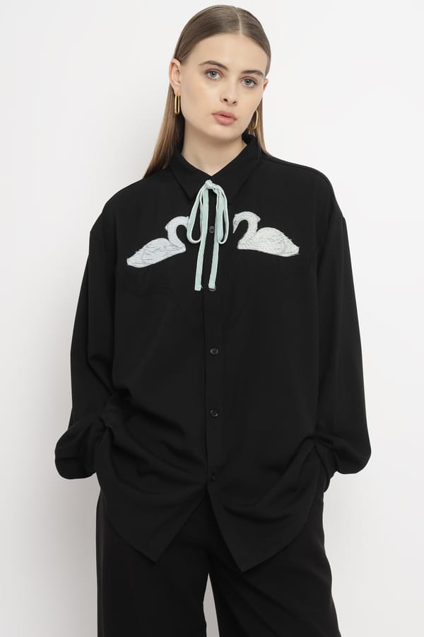 Black Oversized Swan Embroidered Shirt with Satin Necktie — SISTER JANE