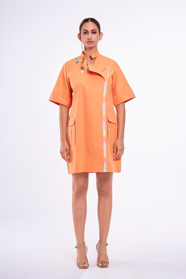 Orange Utility Mini Shift Dress with Asymmetrical Zip — KOR
