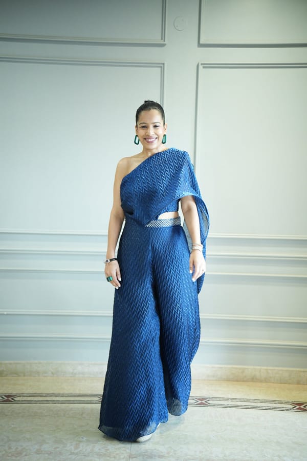 Navy One-Shoulder Sari-Drape Wide-Leg Jumpsuit — The Grey Dot