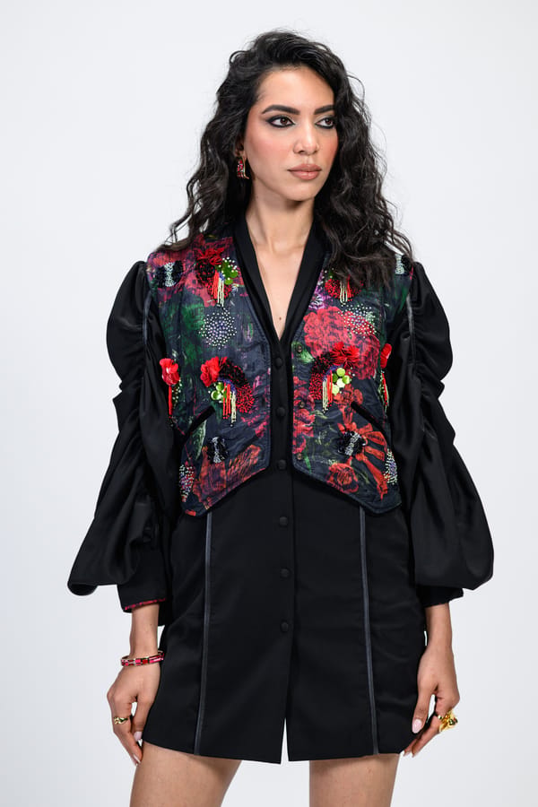 Black Floral Printed Embellished Waistcoat — The Dramebaaz Company
