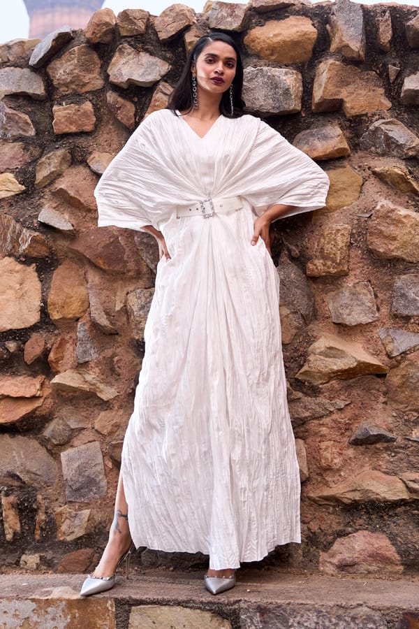 Ivory Crushed Satin Maxi Kaftan Dress with Belt — Dash and Dot