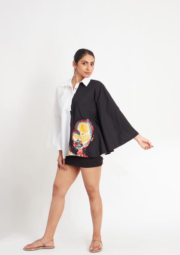 Half Black and White Loose Fit Cotton Poncho Shirt — Richa Goenka
