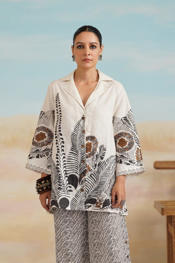 White Linen Printed Button-Down Top with Lapel Collar — NEETIKA CHOPRA