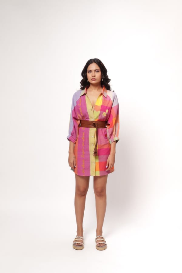 Multicolor Checked Mini Shirt Dress with Belt — Label Sugar