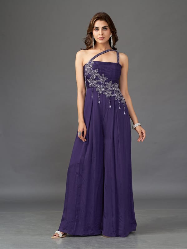 Deep Purple One-Shoulder Embellished Chiffon Jumpsuit — QUNIC