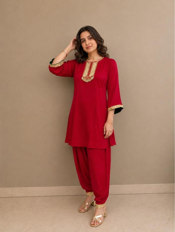 Red Colour with Golden Patch with Hand embroidery and Kahmiri Kali  on pure modal satin with Hand embroided Pakistani salwar — SMAYA by Monica