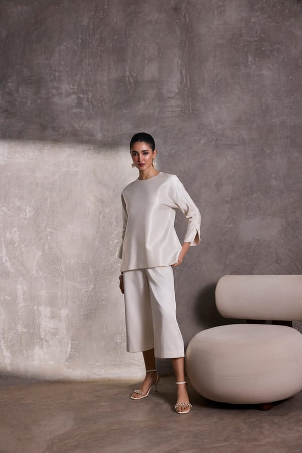 Ivory Gajji Silk Belted Top with Ruched Sleeves — Tara & I