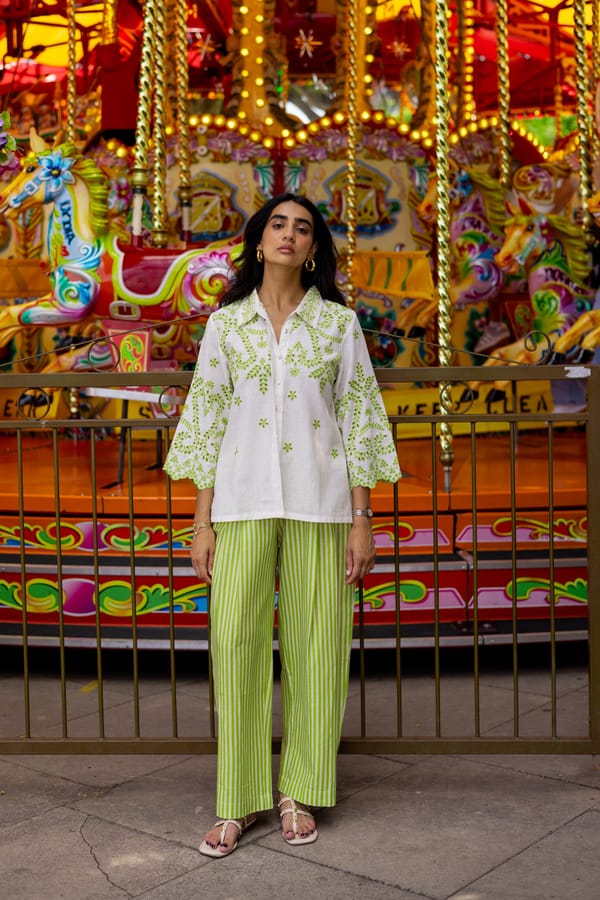 White & Green Cutwork Shirt and Striped Pants Co-ord Set — INCHING INDIA