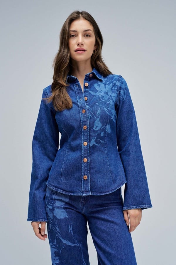 Blue Denim Tonal Floral Button-Down Shirt — SALSA JEANS