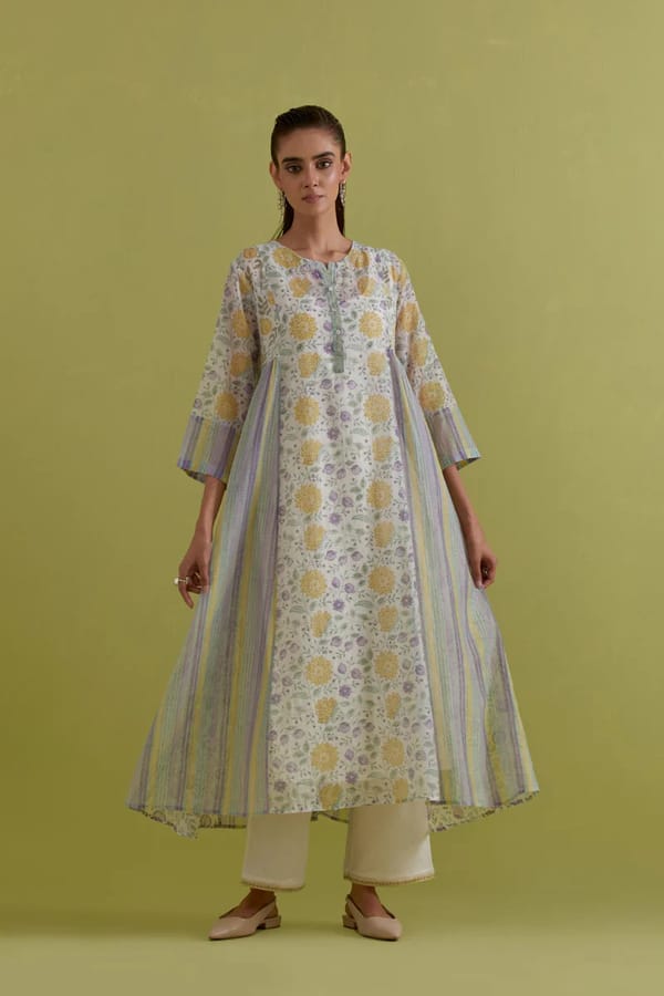 Off White Cotton Chanderi Floral Kurta — Upavita