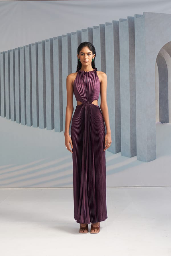 Purple Pleated Halter Maxi Gown with Waist Cut-Outs — Pleats by Aruni