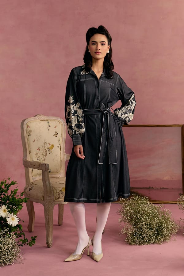 Black Shirt Dress with Embroidered Sleeves and Tie Belt — SURABHI ARYA