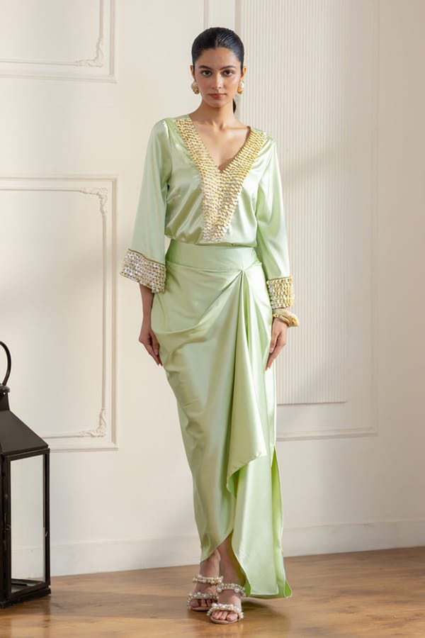 Hand Embellished Mother of Pearl Draped Skirt Set — BOHO-CHIC