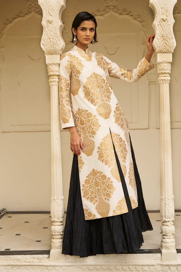 Ivory and Gold Longline Brocade Jacket — Dash and Dot