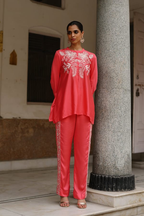 Punch Pink Modal Embroidered Tunic and Pant Co-ord Set — INCHING INDIA