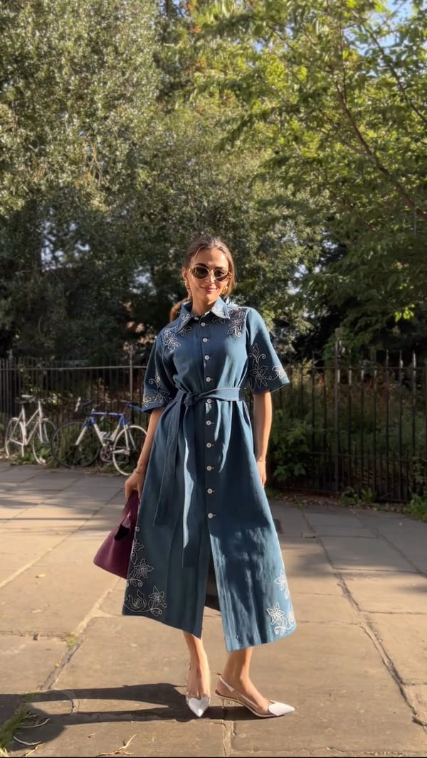 Blue Denim Embroidered Button-Down Midi Shirt Dress — Armoire