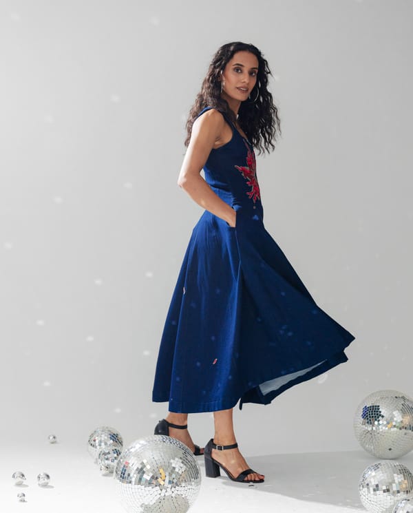 Navy Blue Denim Fit and Flare Midi Dress — Ang-sa