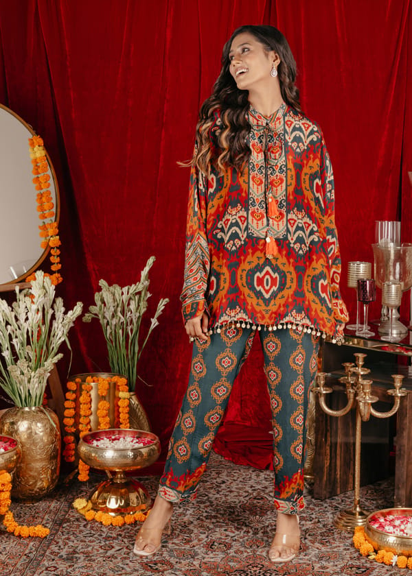 Orange Red Teal Printed Co-ord Set with Tie-Up Neck — Chakkraa