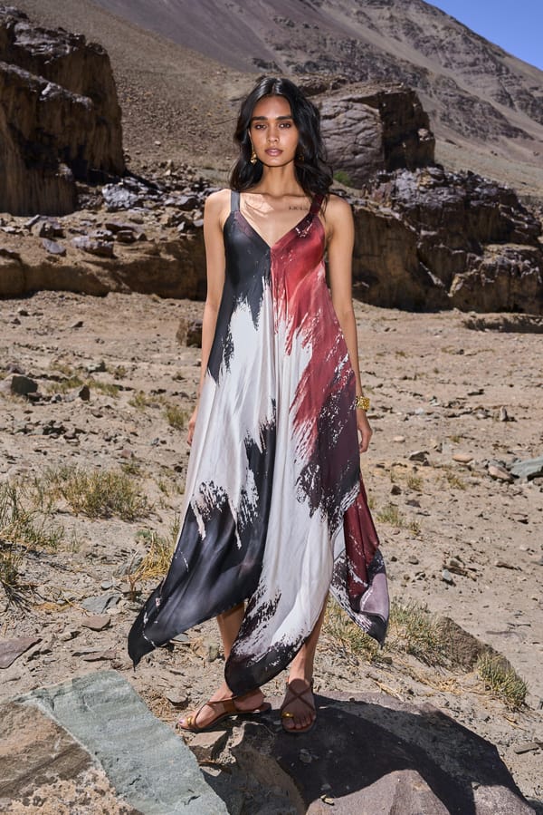 Brushstroke Print Strappy Handkerchief Hem Midi Dress — Dash and Dot