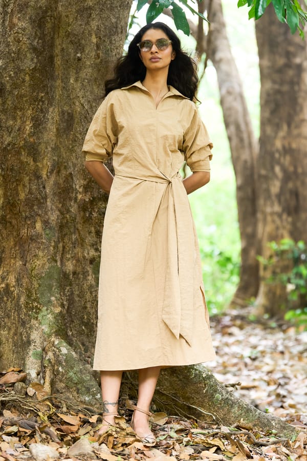 Khaki Side-Tie Midi Shirt Dress — Dash and Dot