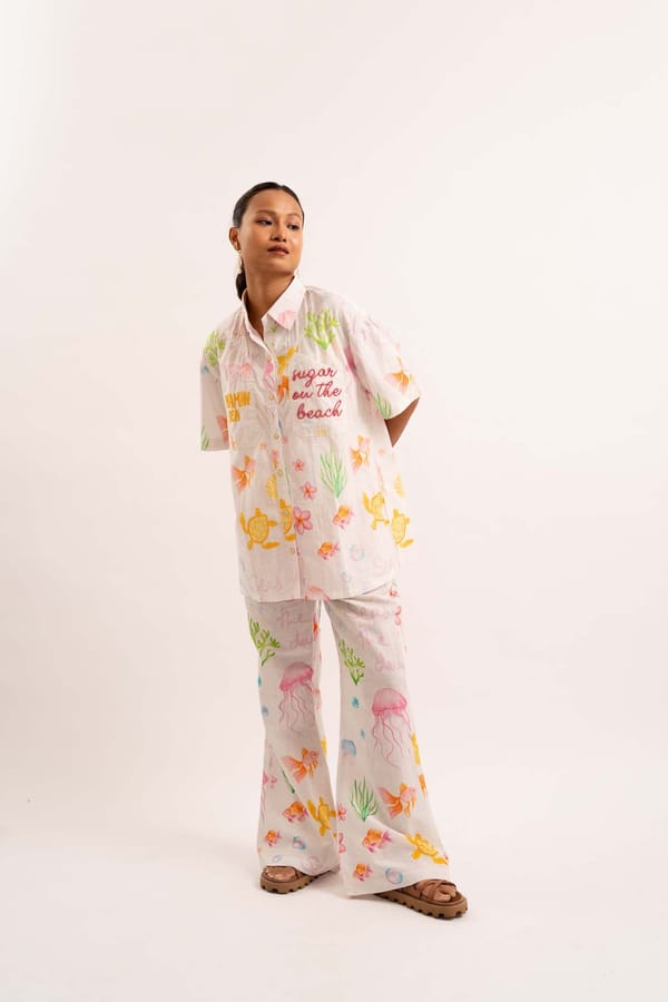 White Linen Beach Print Button-Down Shirt — Label Sugar