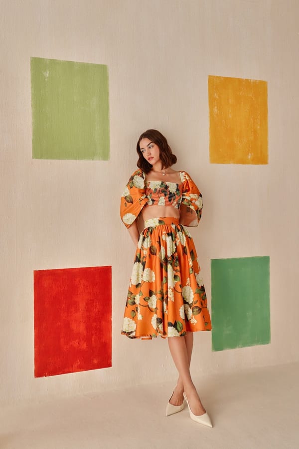 Orange Floral Print A-Line Midi Skirt with Pockets — Sage by Mala