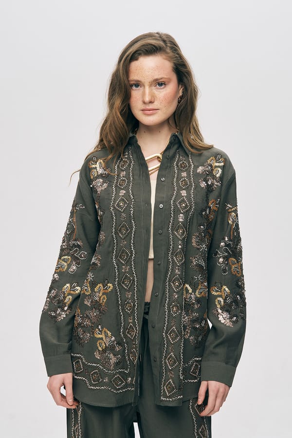 Olive Embellished Longline Button-Down Shirt — THE LUXURY DRESSING